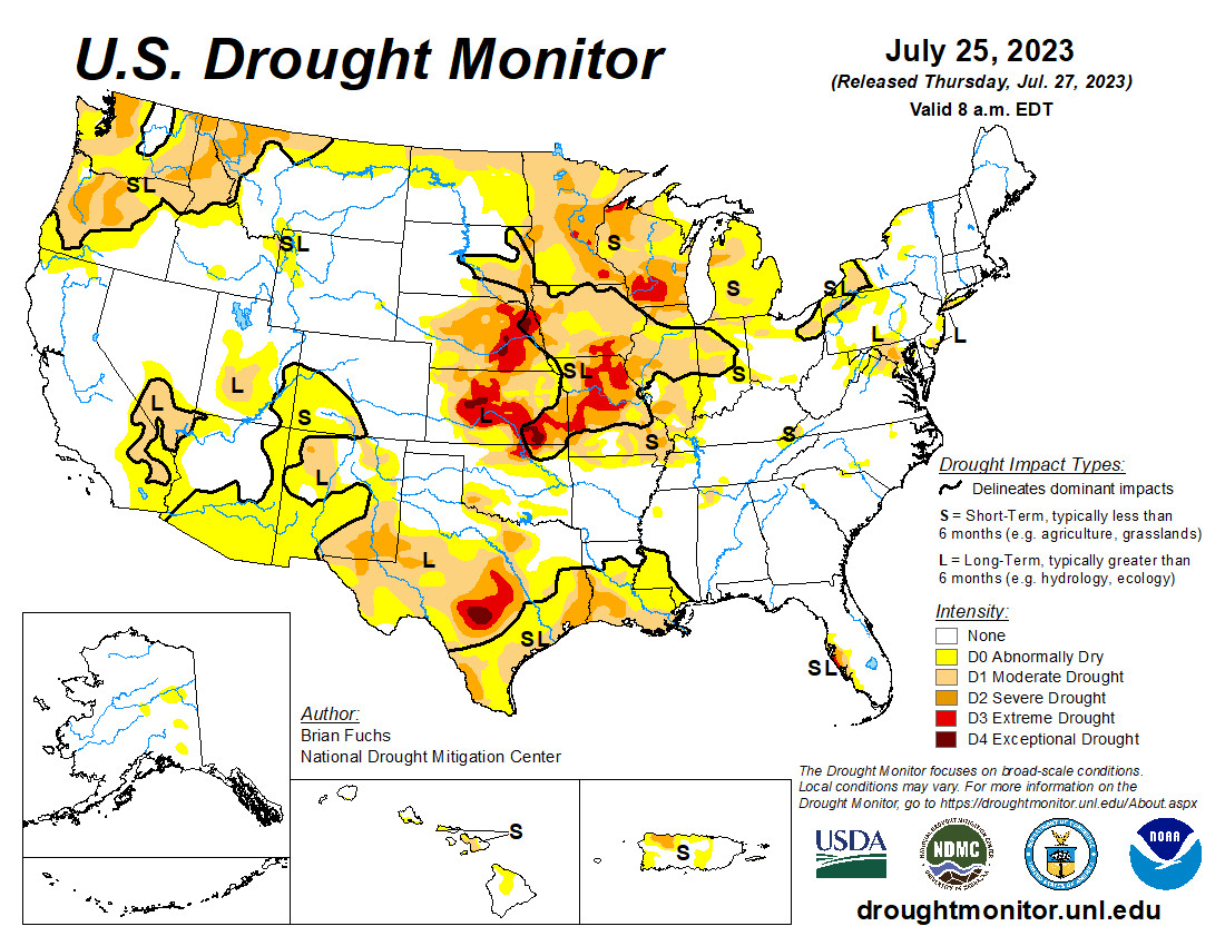 a drought map of the United States as of July 25, 2023