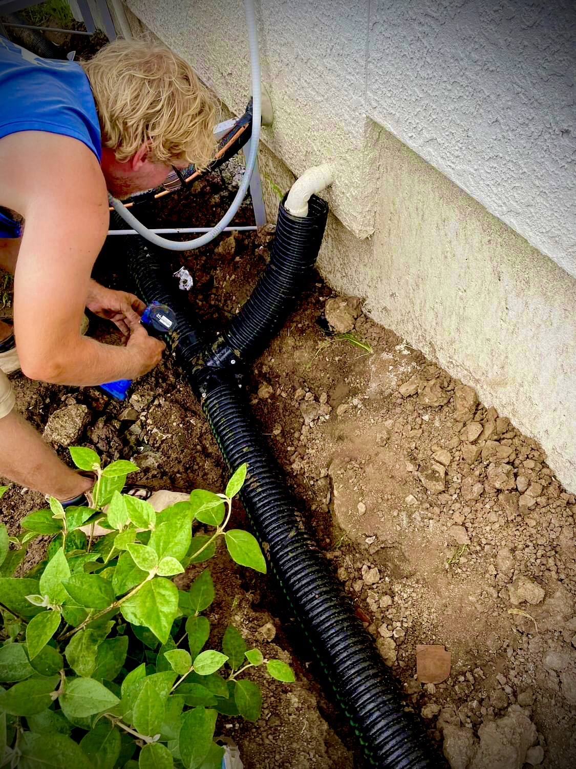 A white male intstalling an irrigation system.