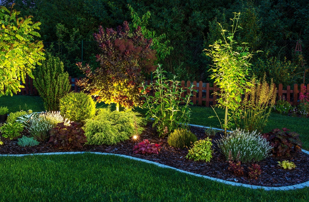 A lawn around a flower bed of plants lit up at night.