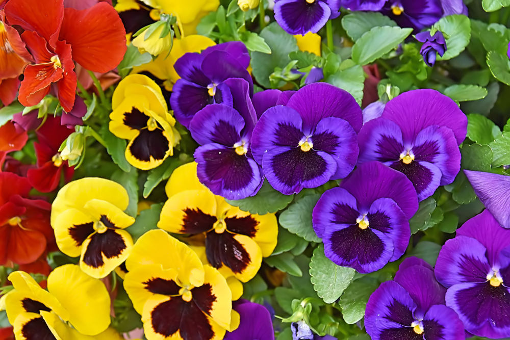 different colored pansies in bloom